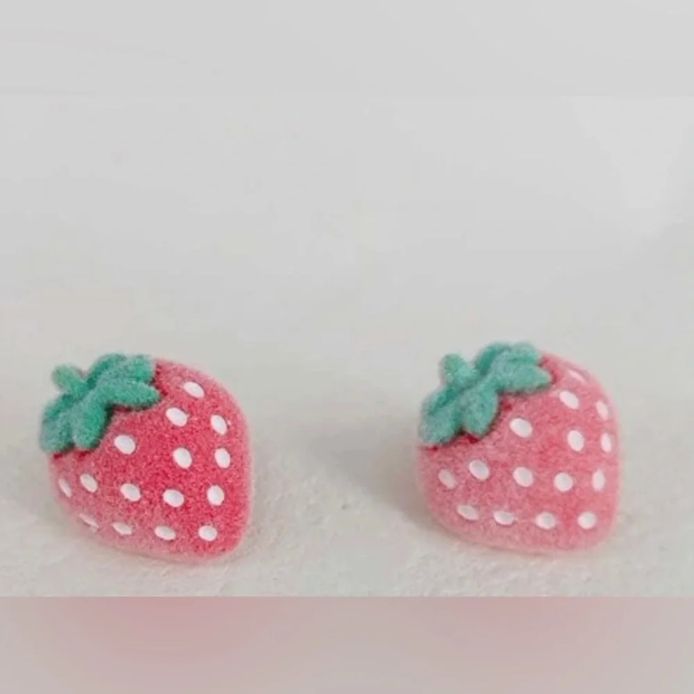 Fuzzy Strawberries~ Furry Fluffy Flocked Strawberry Fruit Kawaii Yummy Pink Stud